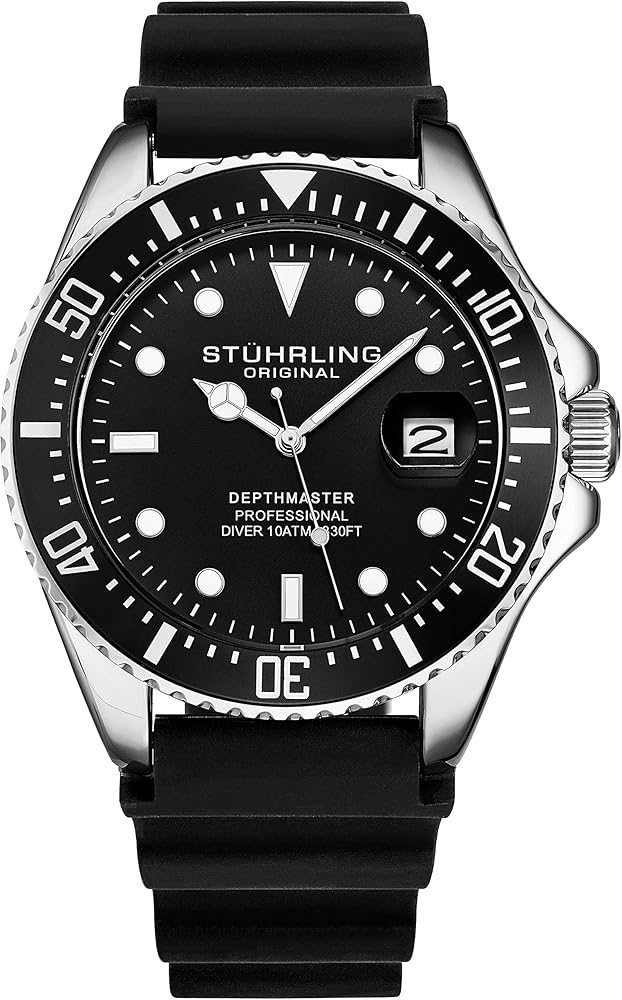 Stuhrling Original Men's Watch Dive Watch Silver 42 MM Case with Screw Down Crown Rubber Strap Water Resistant to 330 FT (Black)