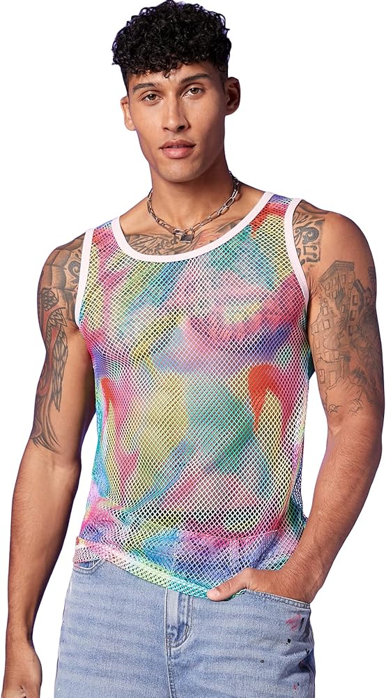 OYOANGLE Men's Mesh Sheer Tank Top See Through Sleeveless Shirt