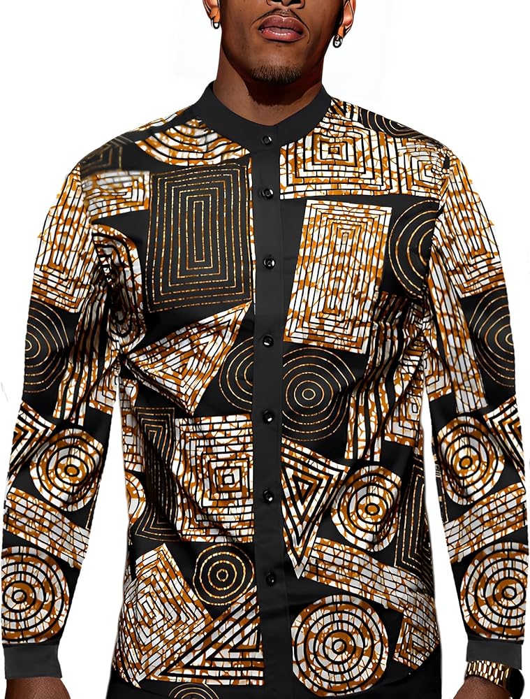 Men's African Traditional Pattern Print Shirt Casual Long Sleeve Button Down Shirts Luxury Printed Dashiki for Men