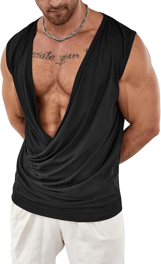 Floerns Men's Draped Cowl Neck Party Clubwear Ruched Sleeveless Tank Top