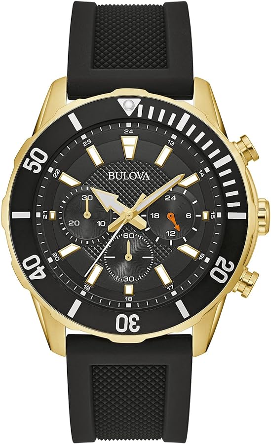 Bulova Men's Sport 6-Hand Chronograph Quartz Watch with Silicone Strap, 24 Hour Time, Calendar Date, Luminous Hands and Markers, 100M Water Resistant, 44mm