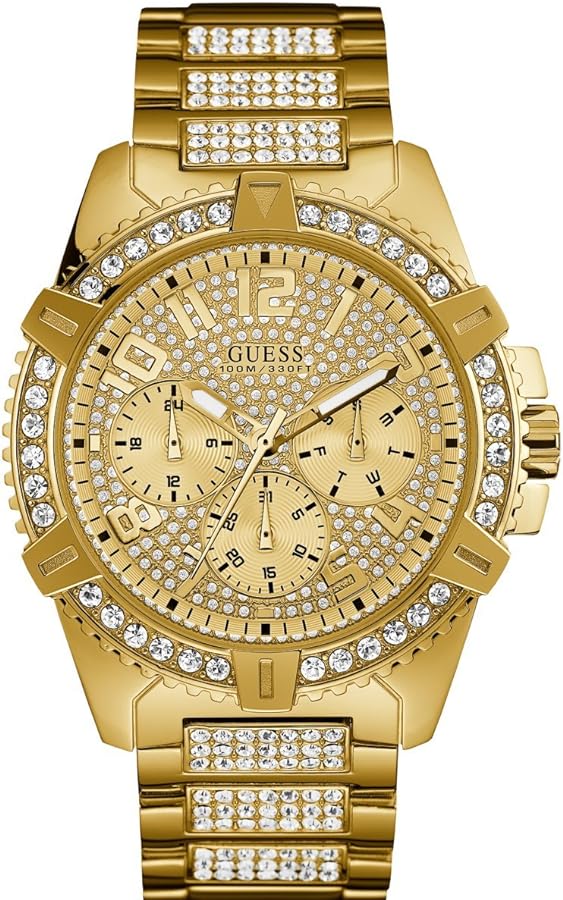 GUESS Stainless Steel Gold-Tone Crystal Embellished Bracelet Watch with Day