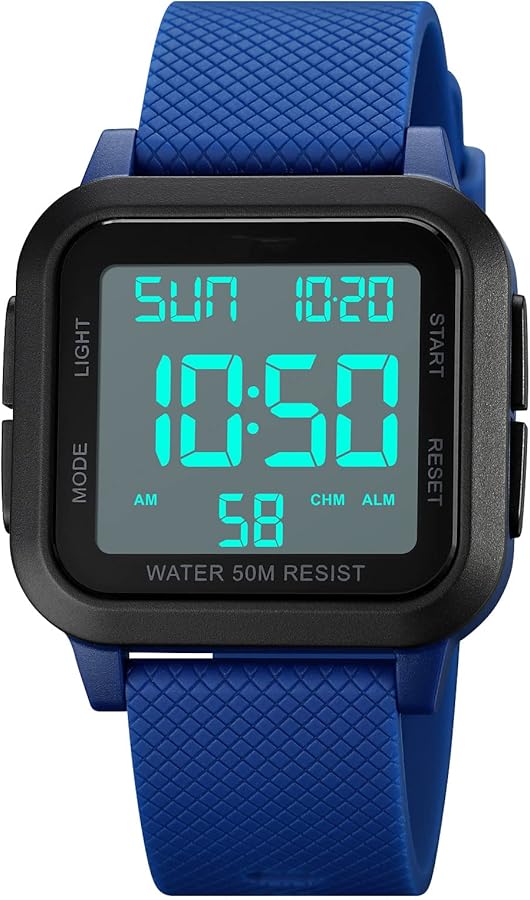 Mens Sport Digital Watches, Waterproof Outdoor Sport Watch with LED Backlight/Alarm/Countdown Timer/Dual Time/Stopwatch/12/24H Wrist Watches for Men Women Teenager, White/Blue, strap