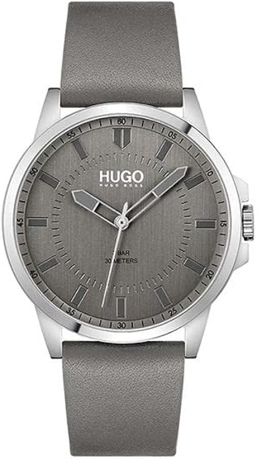 HUGO #First Men's Quartz Stainless Steel and Leather Strap Casual Watch, Color: Grey (Model: 1530185)