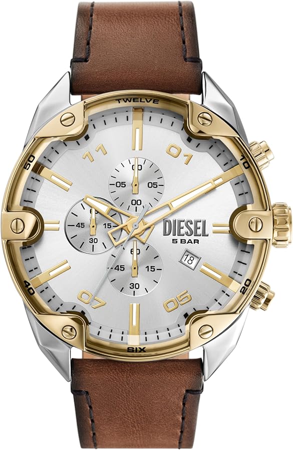 Diesel Spiked Stainless Steel and Leather Chronograph Men's Watch, Color: Two Tone/Brown (Model: DZ4665)