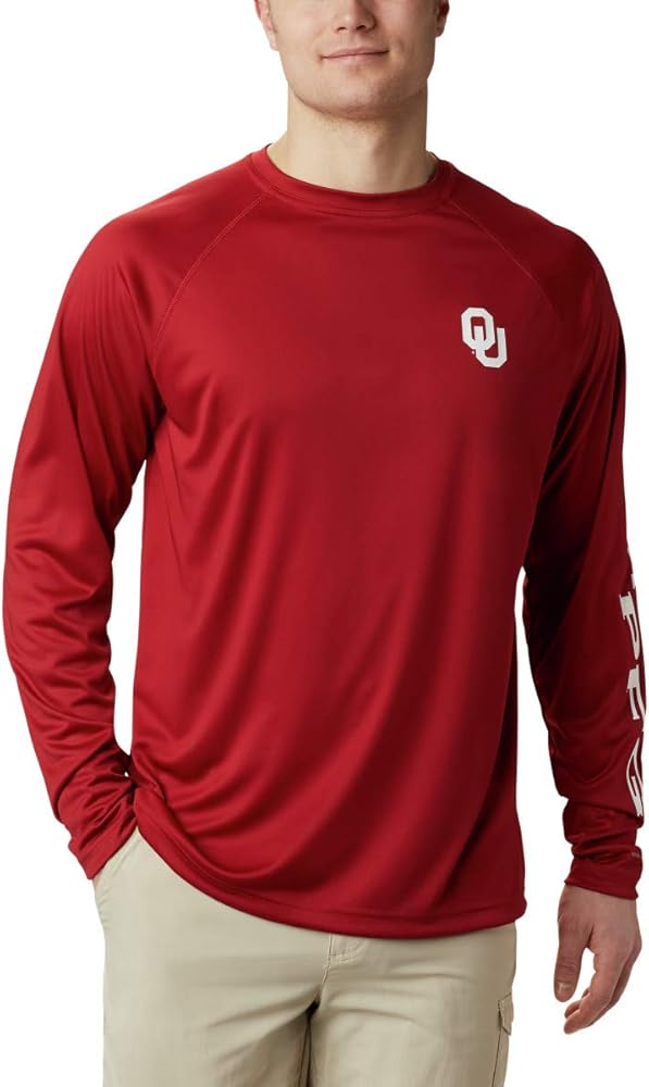 Columbia NCAA Oklahoma Sooners Men's Terminal Tackle Long Sleeve Shirt, Large, OK - Red Velvet/White