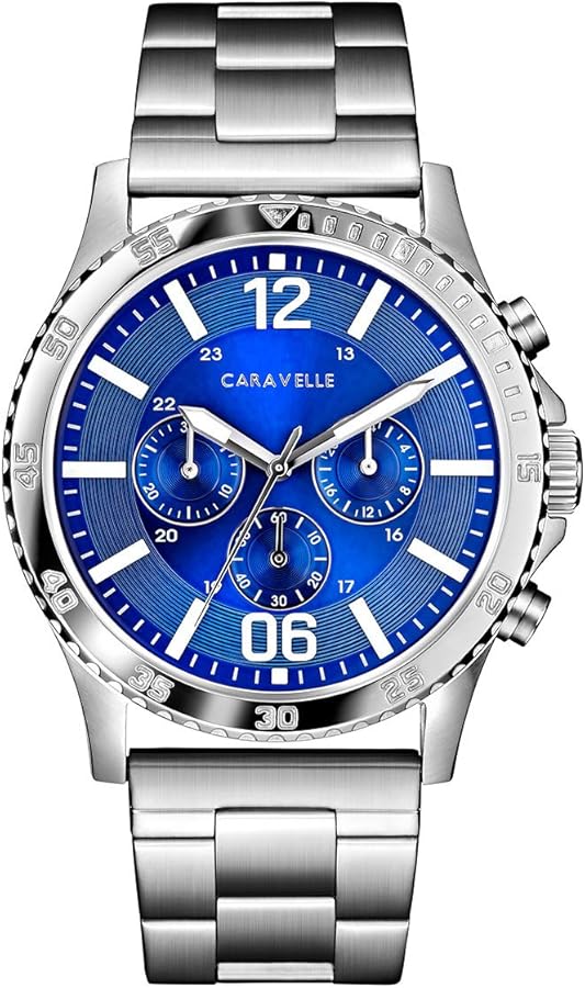 Caravelle by Bulova Men's Sport Chronograph Quartz Silver Tone Stainless Steel Watch, Blue Dial Style: 43A145