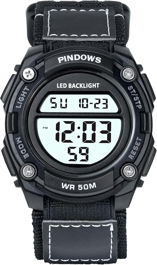 PINDOWS Watch for Men, Men's Digital Military Sport Watch Date Multi-Function LED Alarm Stopwatch.