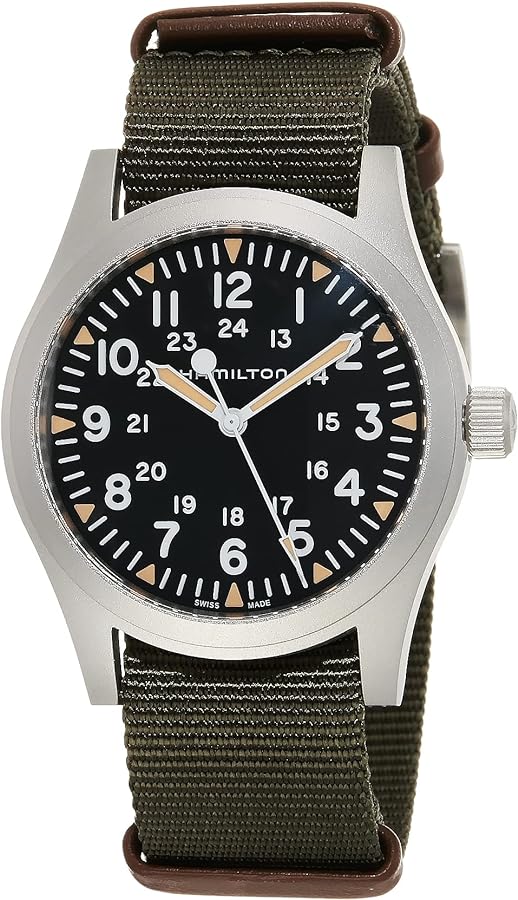 Hamilton Watch Khaki Field Swiss Mechanical Watch 42mm Case, Black Dial, Green Textile NATO Strap (Model: H69529933)