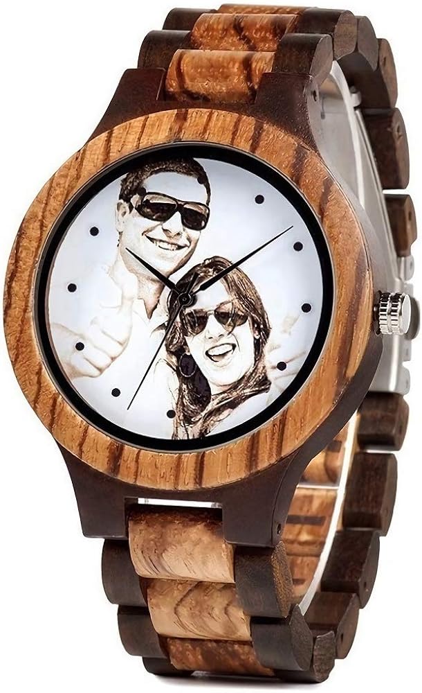 Personalized Customized Watches for Men Photo Engraved Wood Watch Face with Quartz Movement Natural Wooden Adjustable Wooden Band Anniversary or Birthday Present for Husband Dad Son or Boyfriend