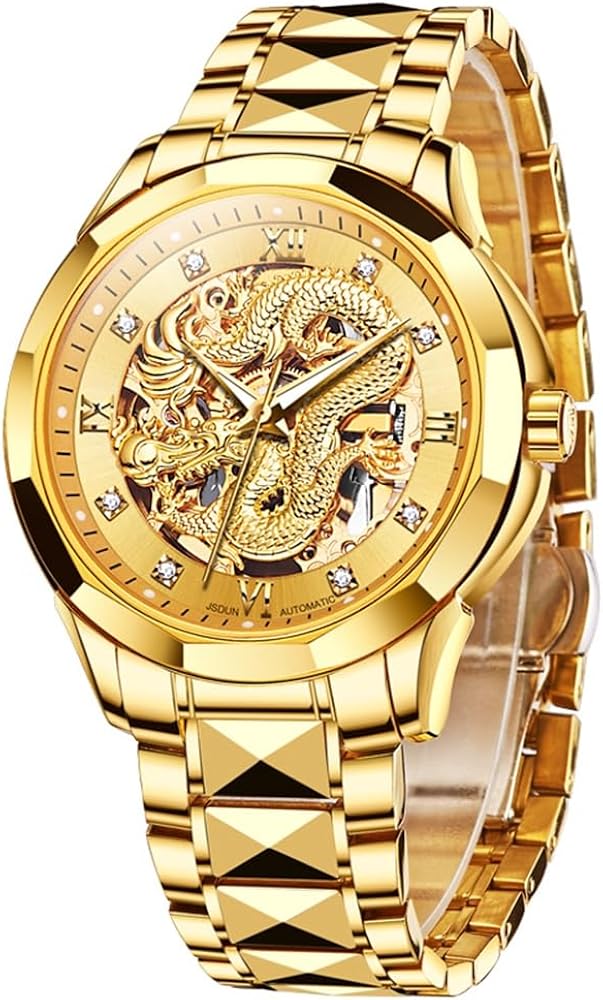 OLEVS Watches for Men Gold Automatic Watches Mens Dragon Skeleton Mechanical Luxury Watch Business Dress with Tungsten Steel Luminous 160FT Waterproof Diamond Fashion Wrist Watch Gold