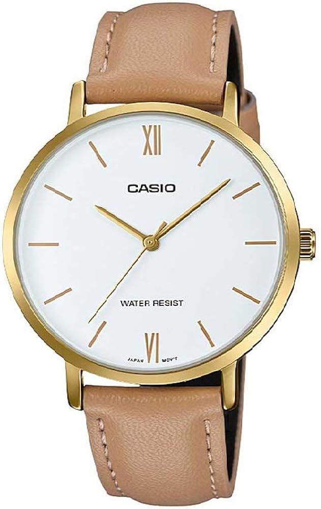 Casio LTP-VT01GL-7B Women's Minimalistic Gold Tone Brown Leather Band White Dial 3-Hand Analog Watch