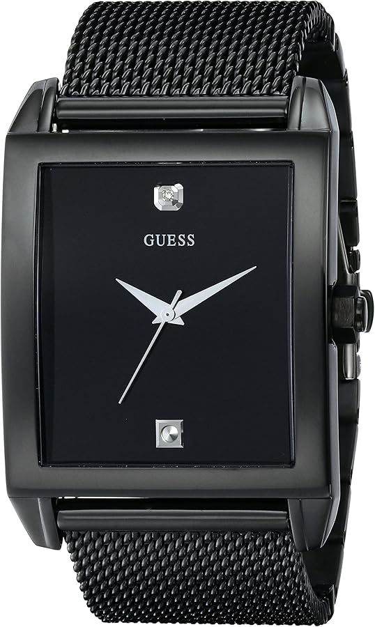 GUESS Mesh Black Ionic Plated Rectangular Genuine Diamond Watch. Color: Black (Model: U0298G1)