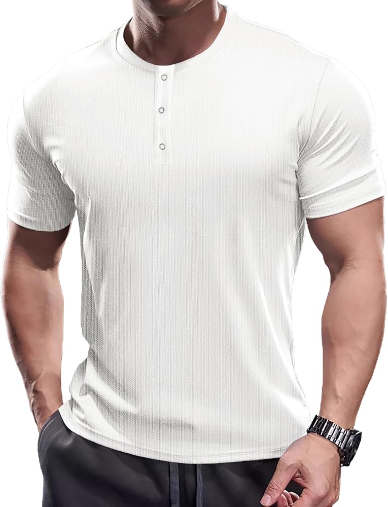 Muscle Cmdr Men's Slim Fit Henley Shirt Long&Short Business Sleeve Casual 3 Metal Buton Placket Casual Stylish T-shirt