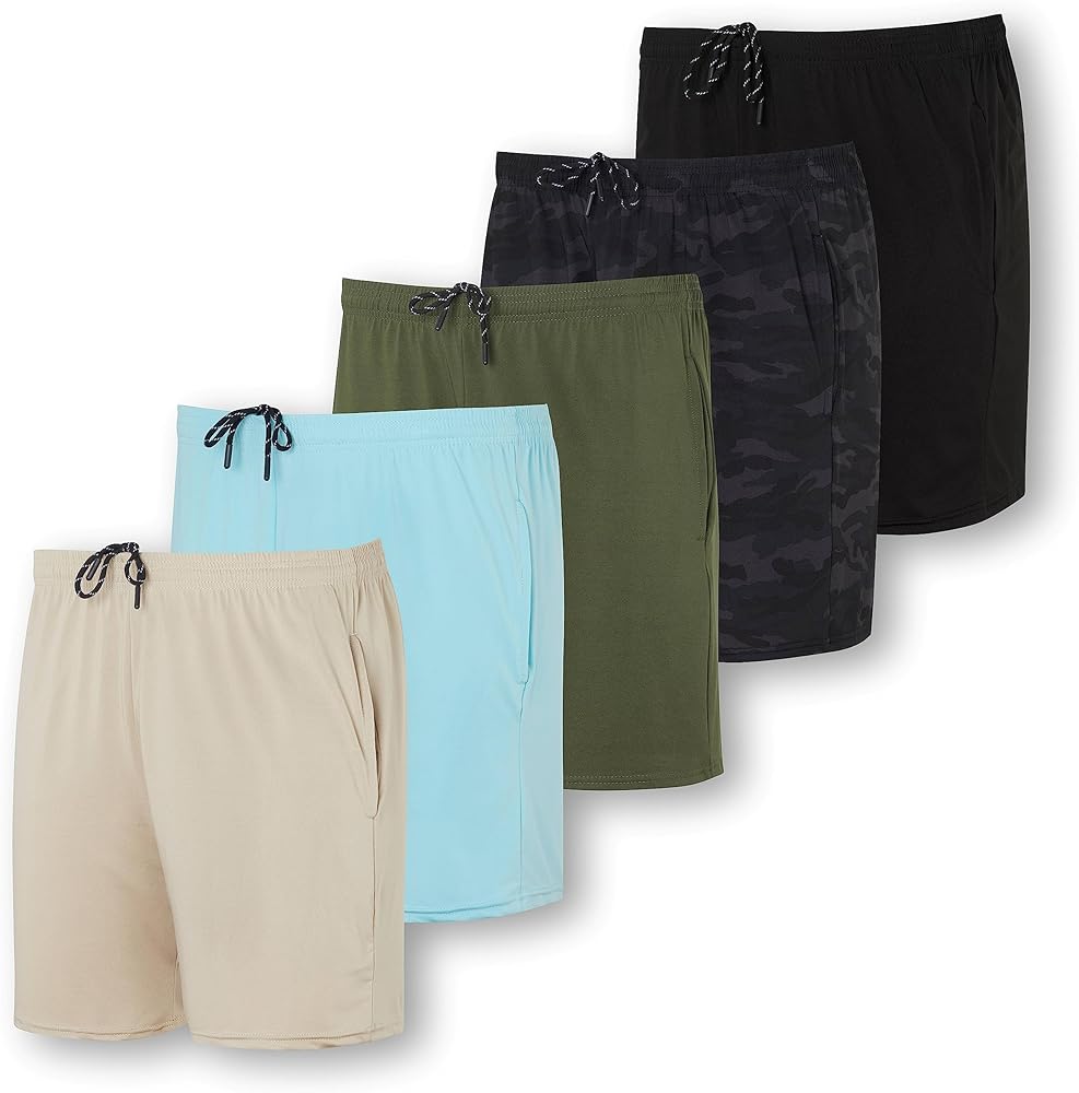 Real Essentials 5 Pack: Men's 5" Inseam Dry-Fit Running Workout Shorts - Pockets & Drawstring (Available in Big & Tall)