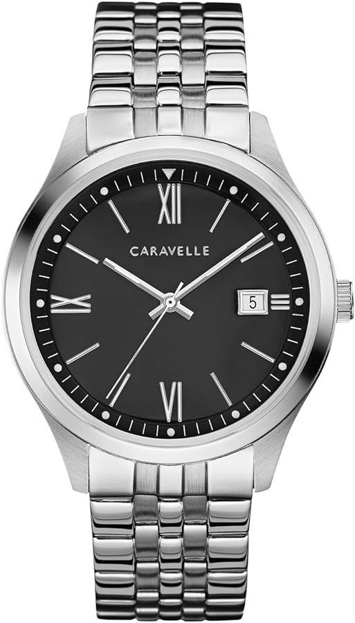 Caravelle by Bulova Men's Dress Quartz Silver Tone Stainless Steel Watch, Black Dial Style: 43B158