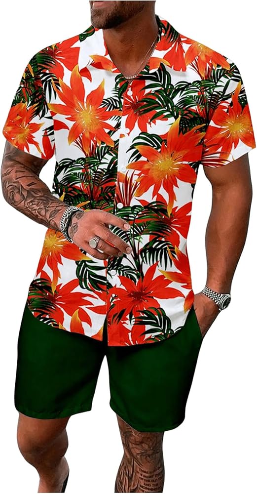 Men's 2 Piece Outfits Summer Hawaiian Short Sleeve Button Down Shirt and Shorts Sets Beach Tracksuits