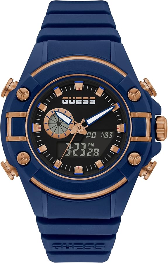 GUESS Men Polycarbonate Quartz Watch with Silicone Strap, Blue, 20 (Model: GW0269G2)