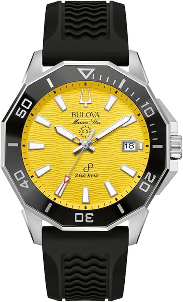 Bulova Marine Star Ceramic men's watch with yellow and black silicone 96B431 solotempo steel, Metallic, Modern