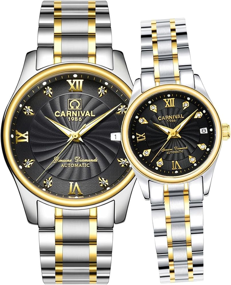 CARNIVAL Mechanical Couple Watches Men and Women His or Hers Gift Set of 2 (Gold Black)