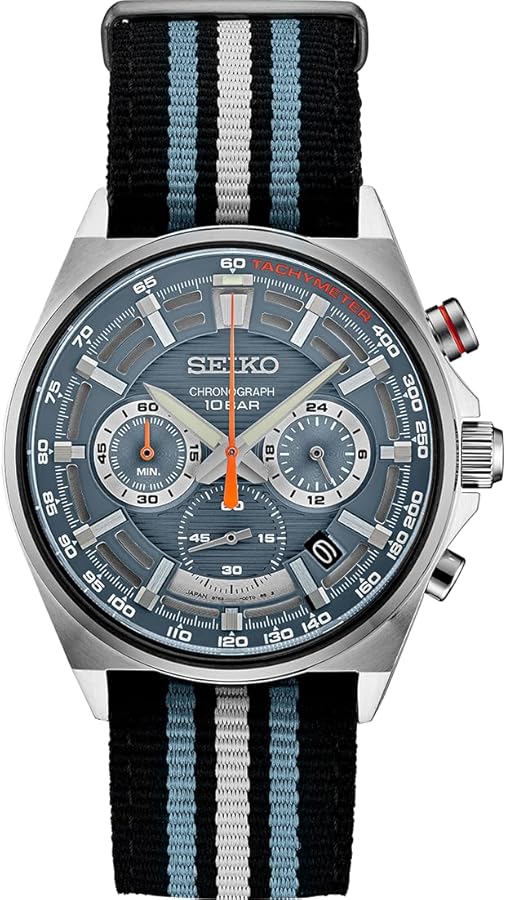 Seiko SSB409 Watch for Men - Analog, Blue Dial with Metallic and Orange Accents, Nylon Strap, Water-Resistant to 100m