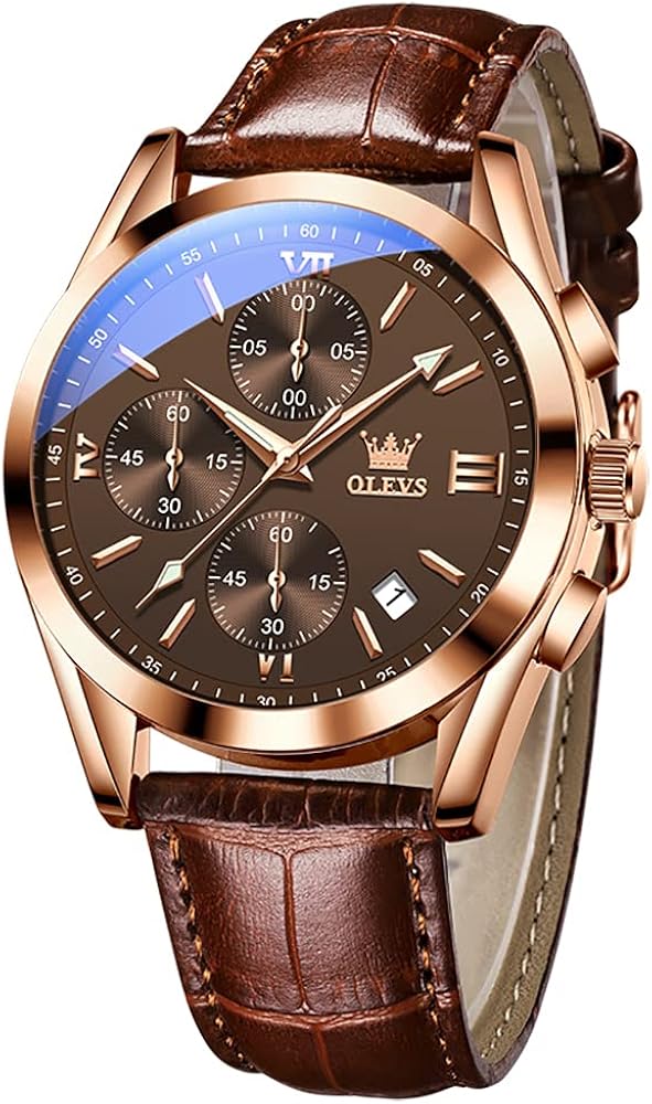 OLEVS Men's Casual Leather Watch, Big Face Chronograph Watch for Men, Fashion Easy to Read Dress Watch, Men's Waterproof Luminous Date Analog Watch, Gold/Black/White/Blue Dial