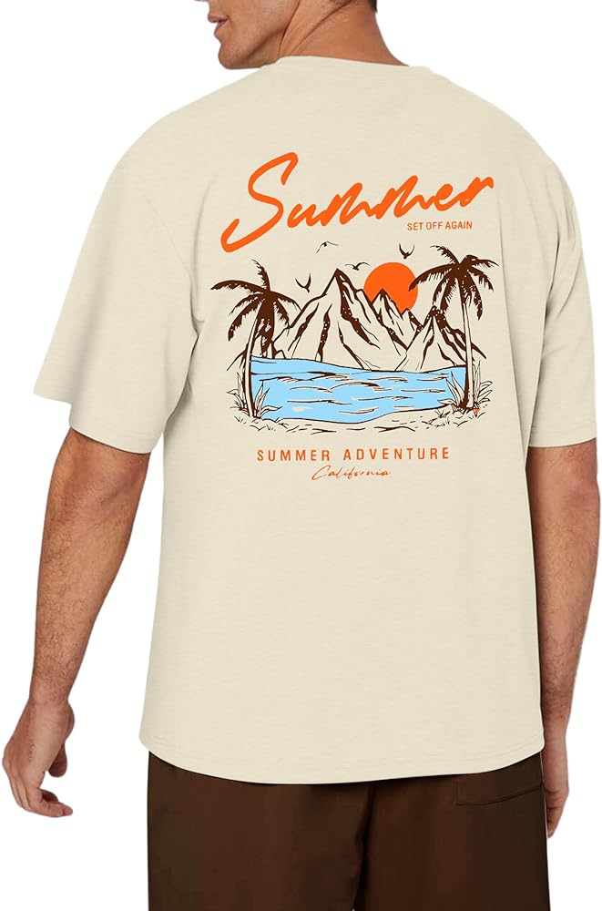 Men's Graphic Tee - Summer Cartoon Letter Top Landscape Slogan Palm Tree Print Vintage Casual Short Sleeve T-Shirt