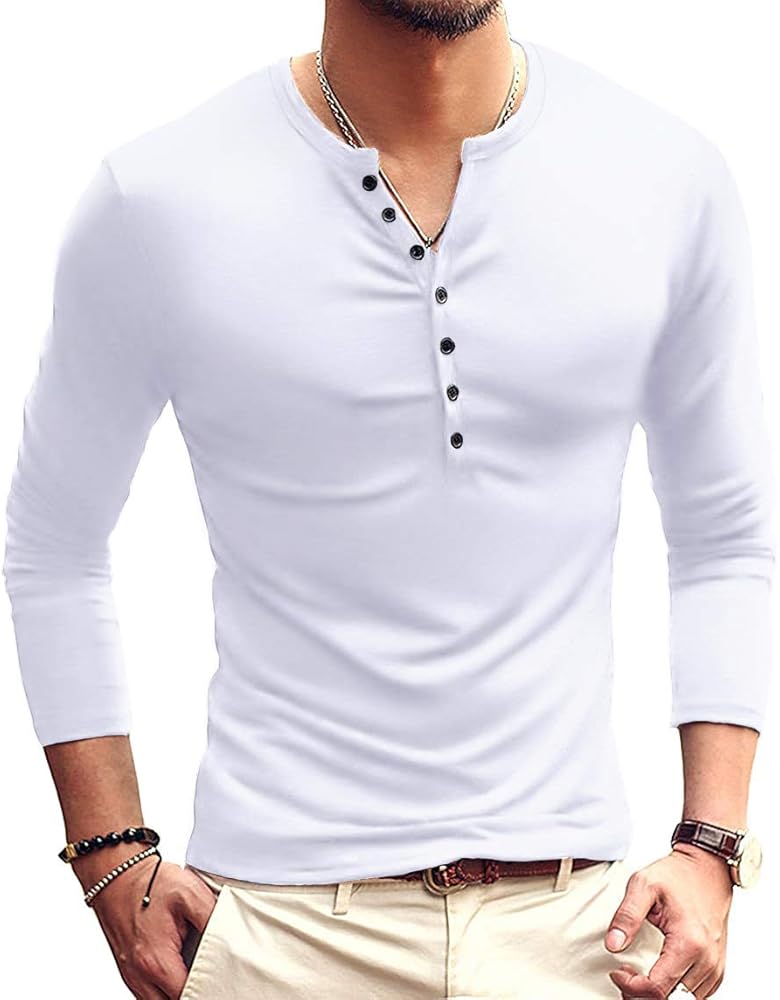 YTD Mens Casual Slim Fit Basic Henley Long Sleeve Fashion T-Shirt