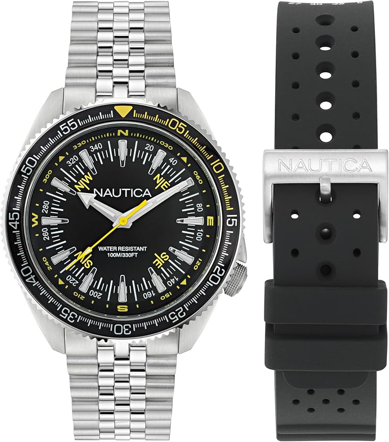 Nautica Men's NAPNVF303 Vintage Receycled Stainless Steel Bracelet & Black Silicone Strap Watch