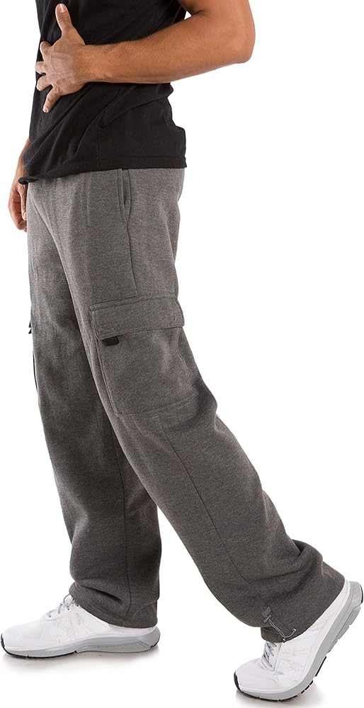 VIBES Men's Pro-active Performance Fleece Cargo Sweatpants Relaxed Fit Bungee Cord Open Bottom