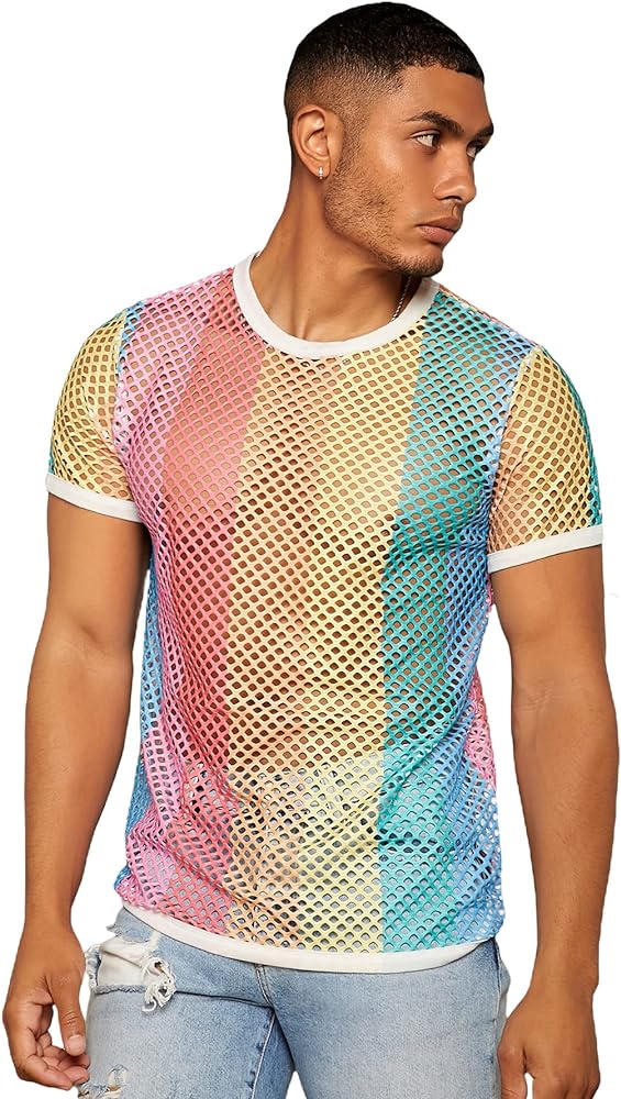 WDIRARA Men's Color Block Striped Hollow Out Sheer Round Neck Short Sleeve Tshirt Top