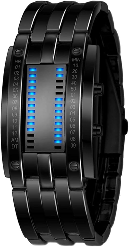 Fashion Mens Binary Sports Watch Digital LED Matrix Waterproof Outdoor Casual Black Bracelet Square Blue Backlit Watches