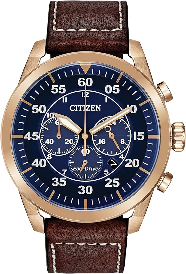 Citizen Men's Eco-Drive Weekender Avion Rose Gold Stainless Steel Chronograph Watch with Brown Leather Strap, Blue Dial (Model: CA4213-18L)