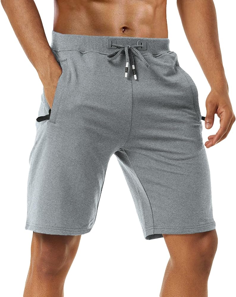 Men's Athletic Shorts Comfortable Cotton Workout Shorts Elastic Waist Running Shorts with Zipper Pockets