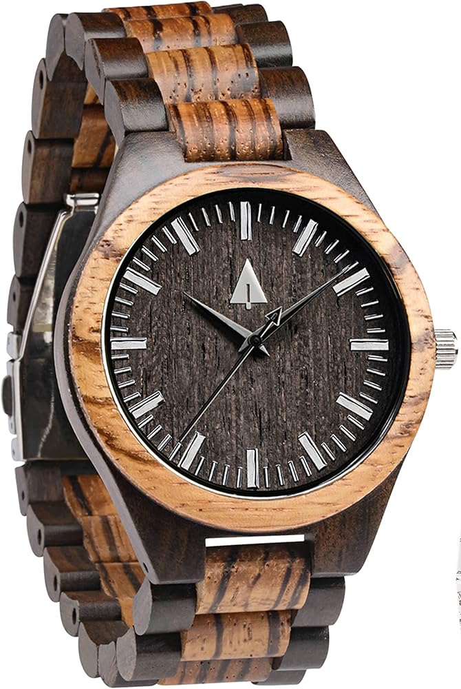 Treehut Wooden Watches for Men, Great Japanese Quartz Analog, Stylish Exotic Watch with Adjustable Stainless Steel Clasp, Buckle, Made from Ebony and Walnut Wood, Relojes Hombre Mujeres