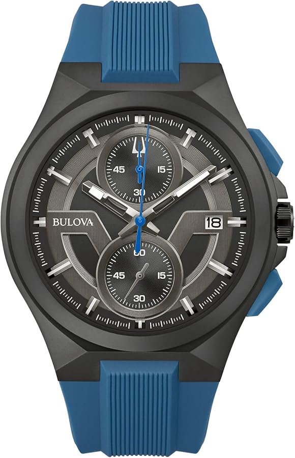 Bulova Men's Maquina Sport Black Ion-Plated Stainless Steel Case, 6-Hand Chronograph Quartz Watch with Matte Black Silicone Strap, Sapphire Crystal, Blue Strap/Blue Accents