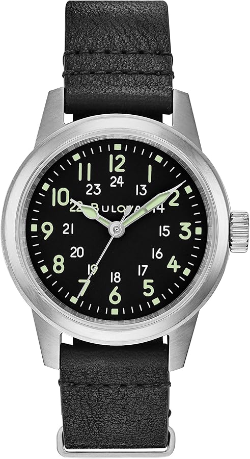 Bulova Milatary Hack 3 Hand Quartz Watch, Black Dial and Black Leather NATO Strap, (Model:96A219)