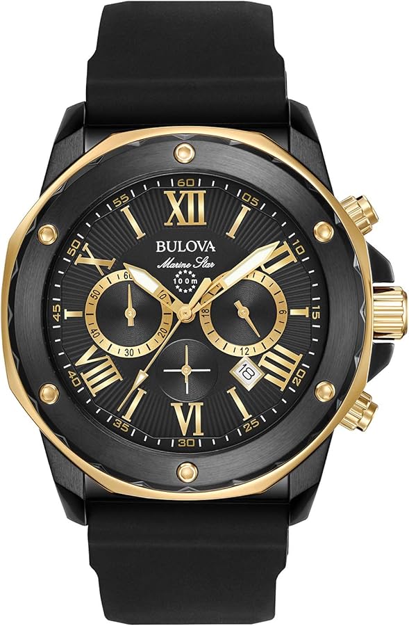 Bulova Men's Marine Star Series A Black and Rose Gold Ion-Plated Stainless Steel 6-Hand Chronograph Quartz Watch, Black Silicone Strap Style: 98B278