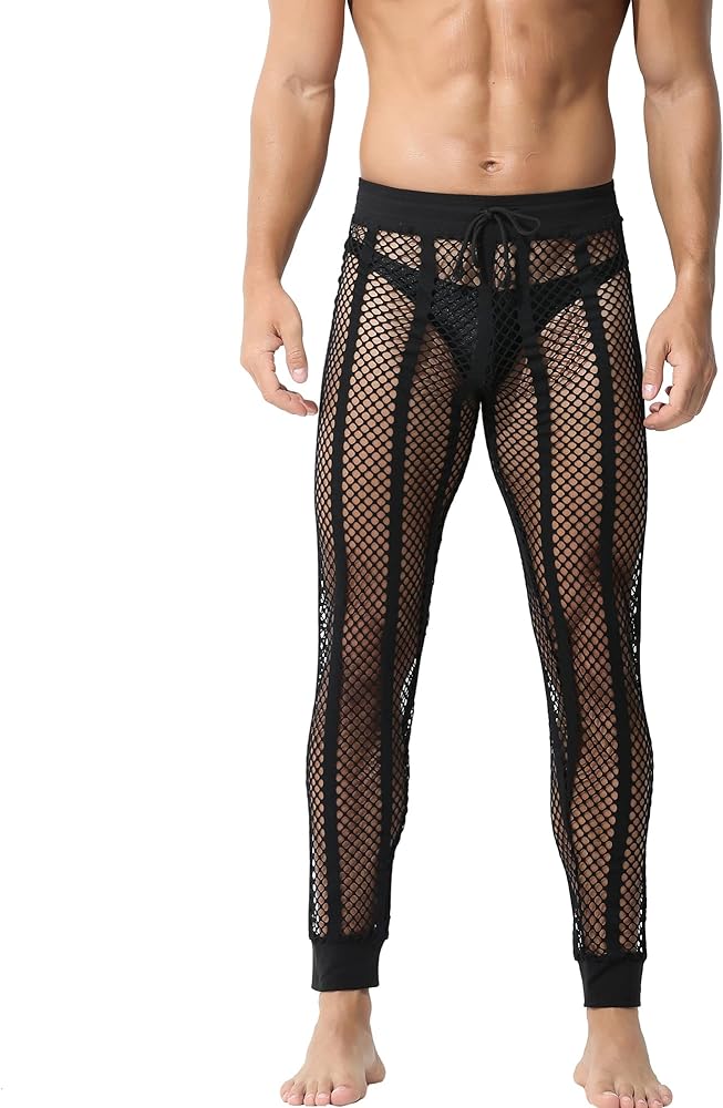 QiaTi Men's Fishnet Pants Mesh See Through Muscle Leggings Stretchy Drawstring Long Pants