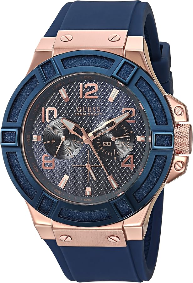 GUESS Men's Rigor Iconic Blue Stain Resistant Silicone Watch with Rose Gold-Tone Day + Date (Model: U0247G3)