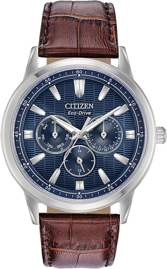 Citizen Men's Eco-Drive Corso Classic Watch in Stainless Steel with Brown Leather strap, Blue Dial (Model: BU2070-12L)