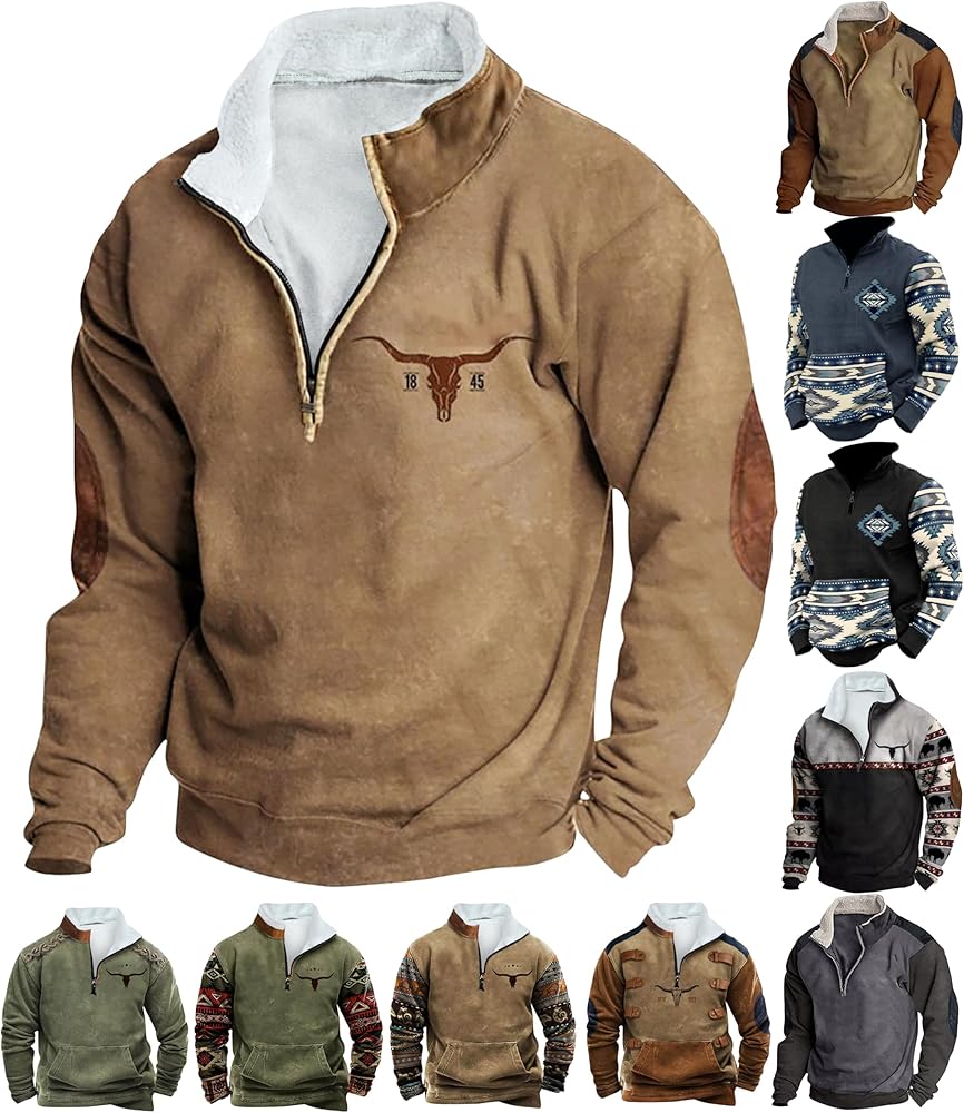 Men's Fashion Hoodies & Sweatshirts 1/4 Zip Pullover Mens Cowboy Western Aztec Lapel Sweatshirt Casual Print Pullover