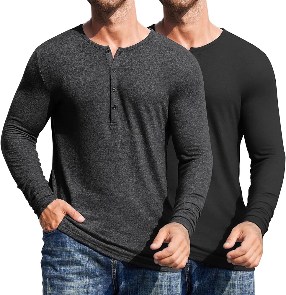 COOFANDY Men's 2Pack Slim Fit Henley Shirts Long Sleeve Lightweight Fashion Casual Cotton Basic T Shirts