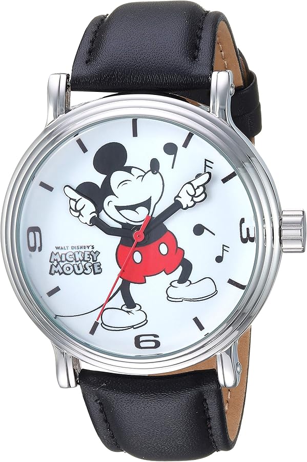 Disney Mickey Mouse Adult Vintage Articulating Hands Analog Quartz Watch, Silver/White/Black