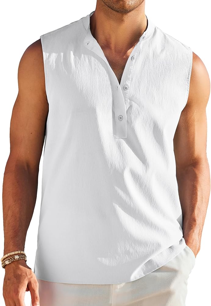 COOFANDY Sleeveless Henley Shirt for Men Casual Beach Tank White