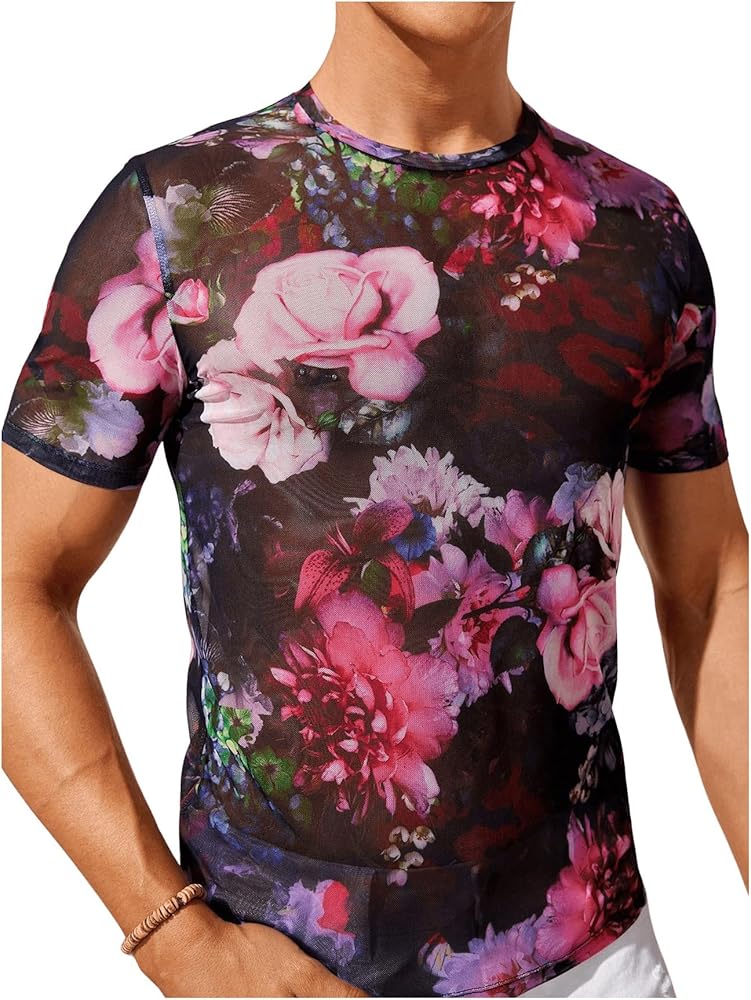 Floerns Men's Sheer Mesh Short Sleeve Glitter Crew Neck Club Tee Shirt Top