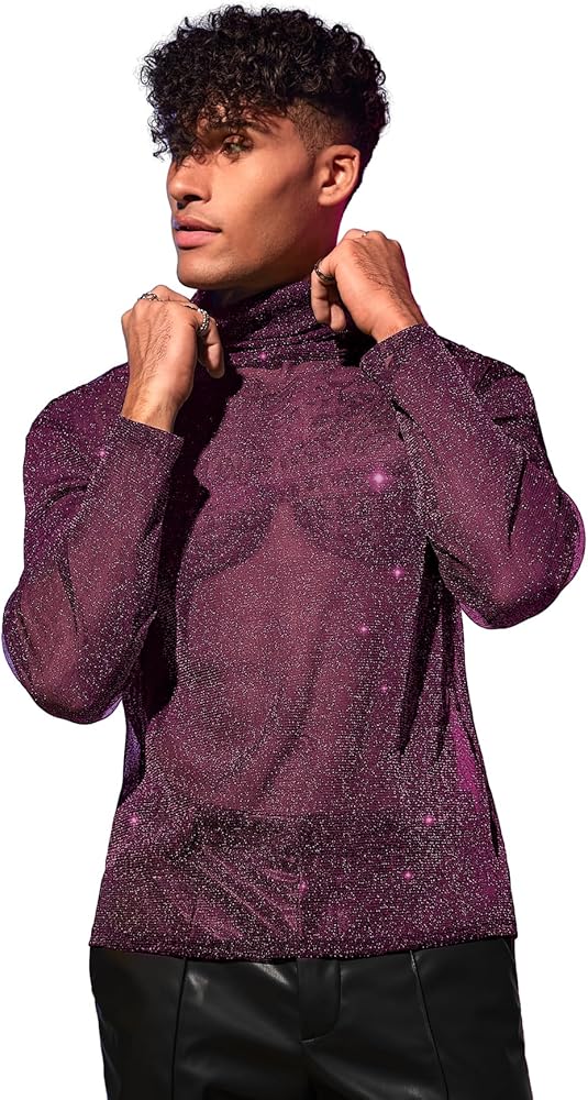 WDIRARA Men's Glitter Mesh Sheer Turtle Neck Long Sleeve See Throught Tee Tops Partywear