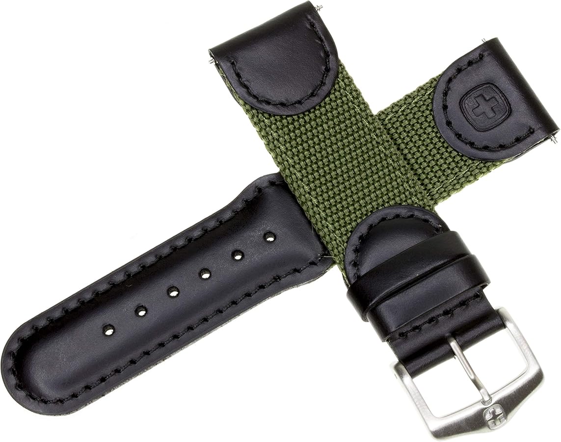 New 22mm Wenger Swiss Army Genuine Black Leather Strap Army Green Nylon Watch Band