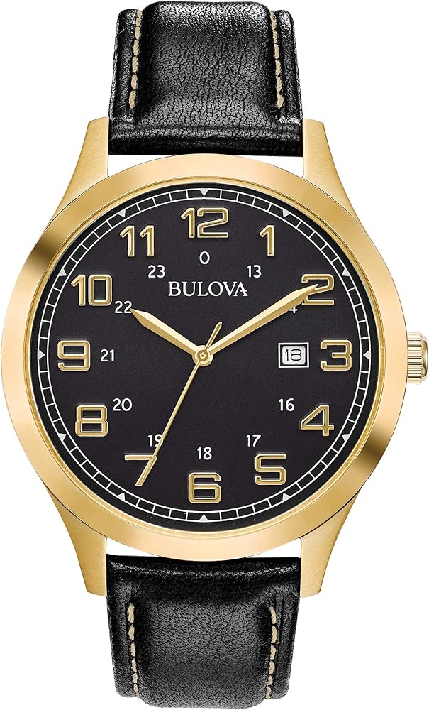 Bulova Men's 97B181 Quartz Gold-Tone Case Black Leather Strap 42mm Watch