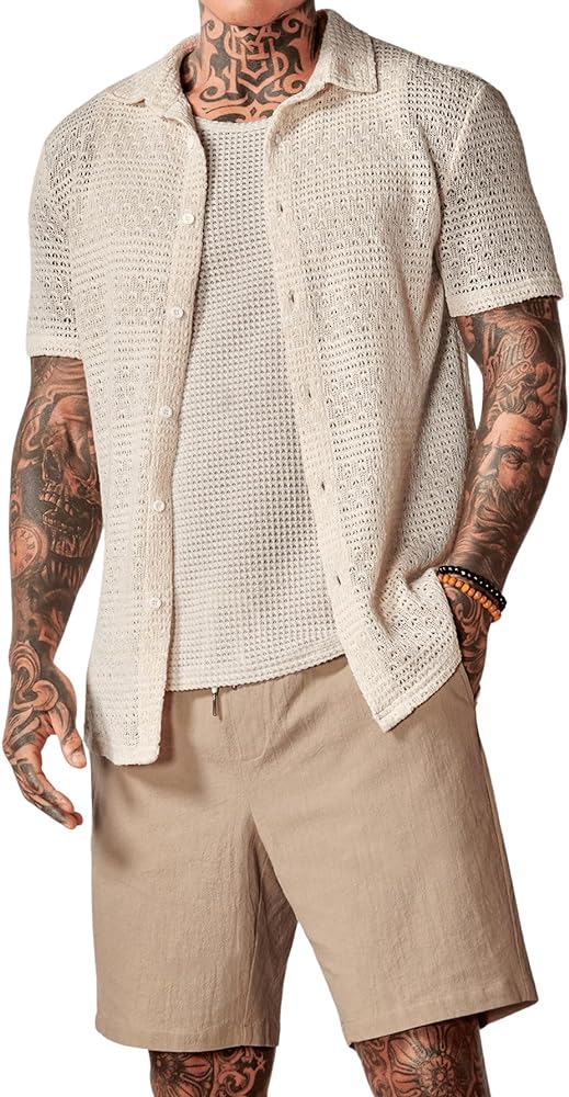 Men's 3 Pieces Outfit Sleeveless Tank Top and Drawstring Waist Shorts Set with Button Down Shirt